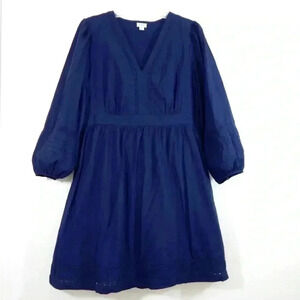 J. Crew Navy 100% Cotton V-Neck 3/4 Sleeve Crochet Trim Mini Dress XXS